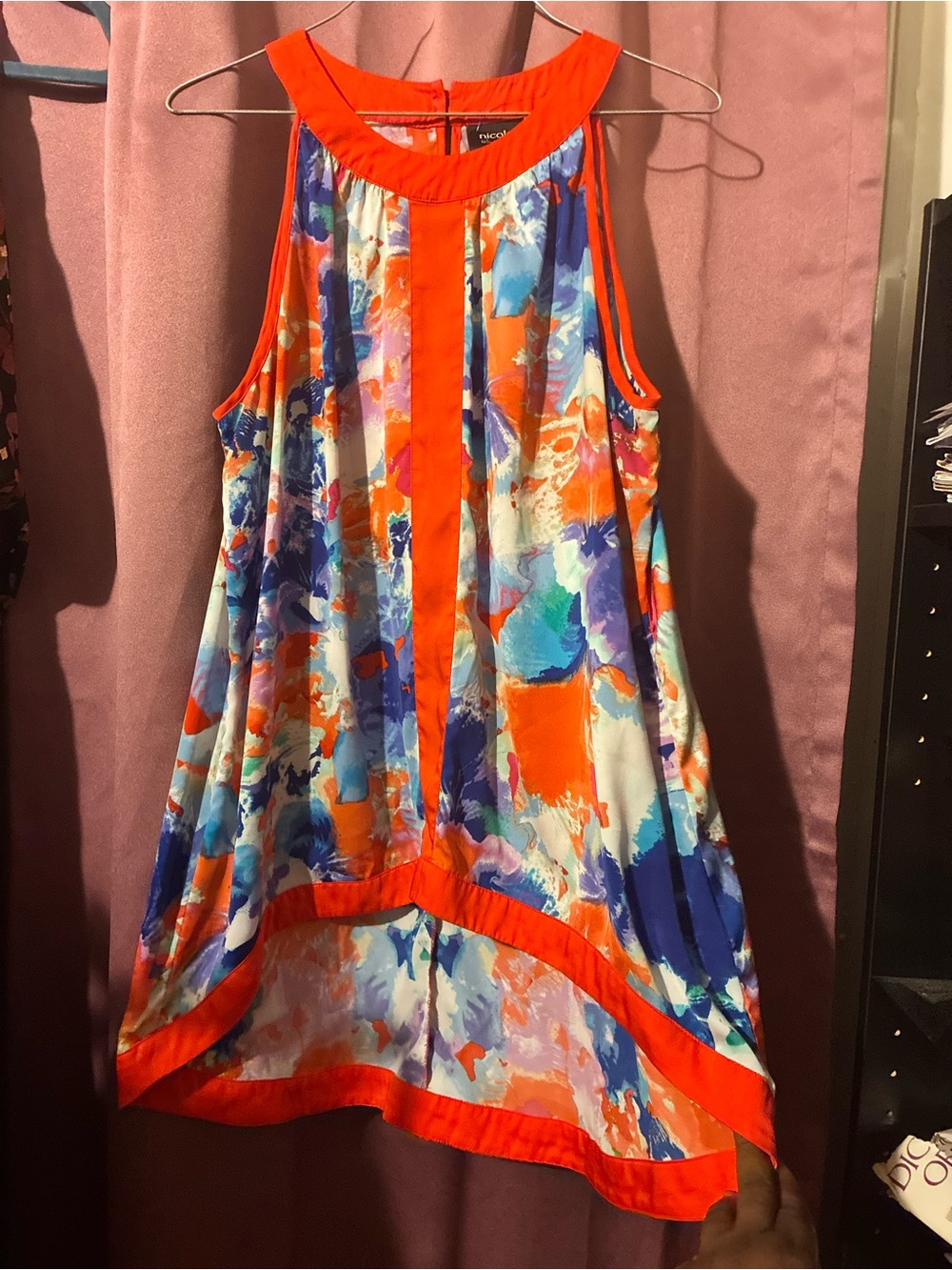 Nicole miller Bright Abstract Print Sleeveless Dress with Orange Trim